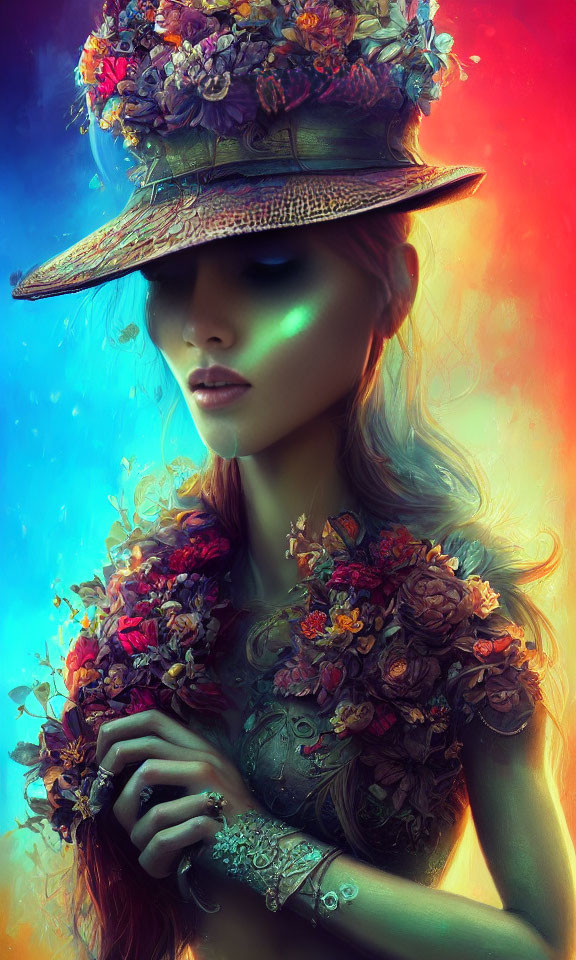 Woman in Floral Hat and Garment Glowing in Multicolored Light