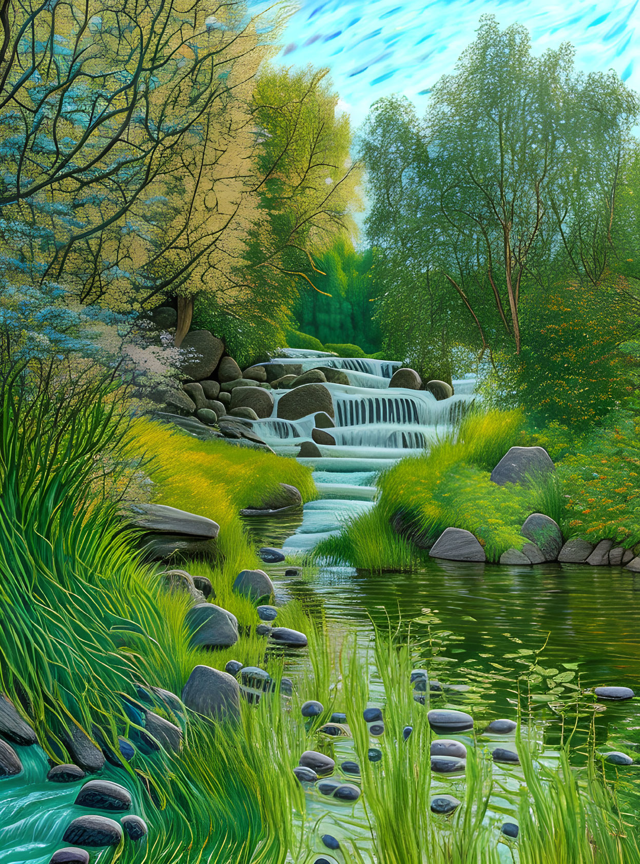 Tranquil digital artwork of lush waterfall scenery