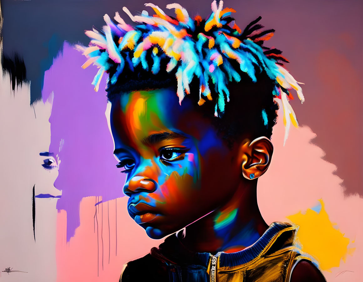 Vibrant digital portrait of a contemplative child with colorful hair highlights.