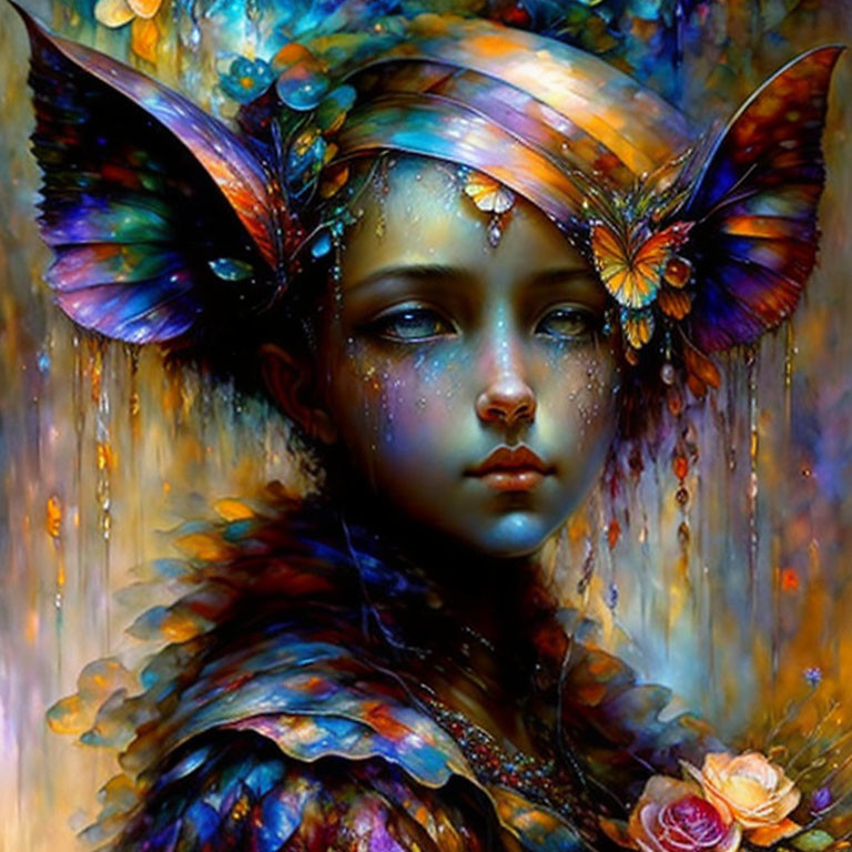 Young individual with butterfly wings for ears in vibrant fantasy portrait