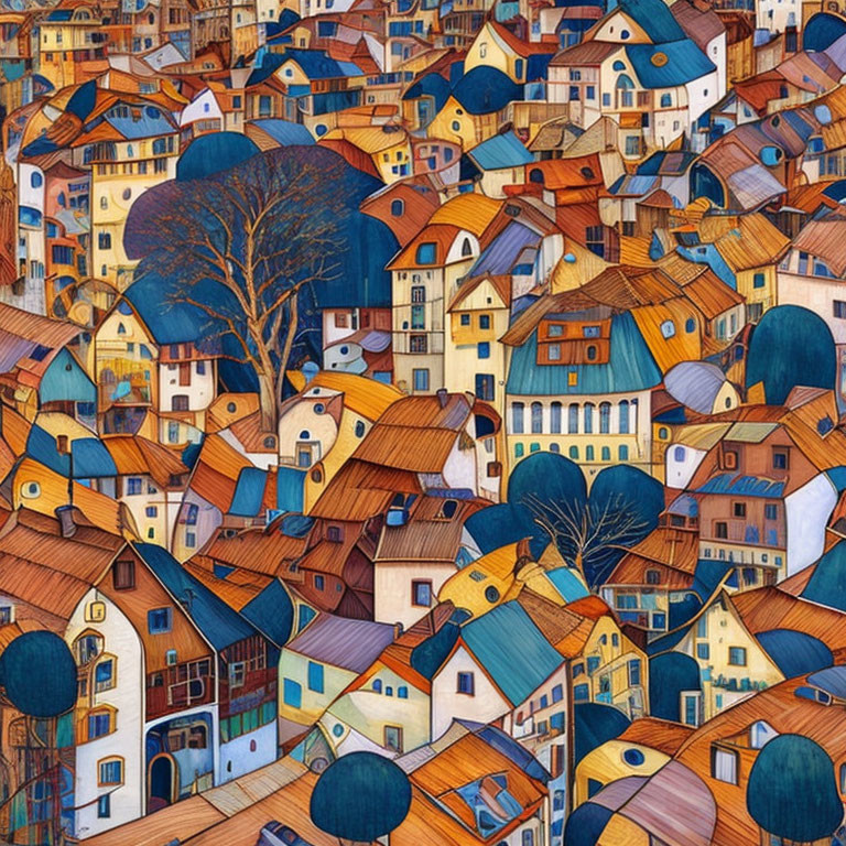 Detailed illustration of dense, colorful town with compacted houses and rooftops.