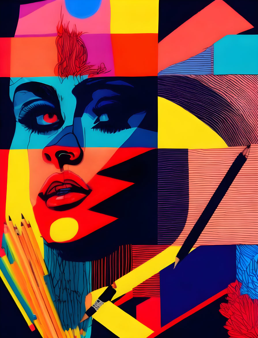 Colorful Abstract Woman's Face with Geometric Patterns and Art Supplies