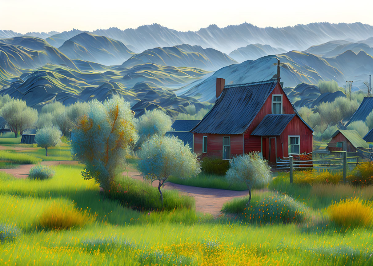 Tranquil landscape with red house in blooming fields