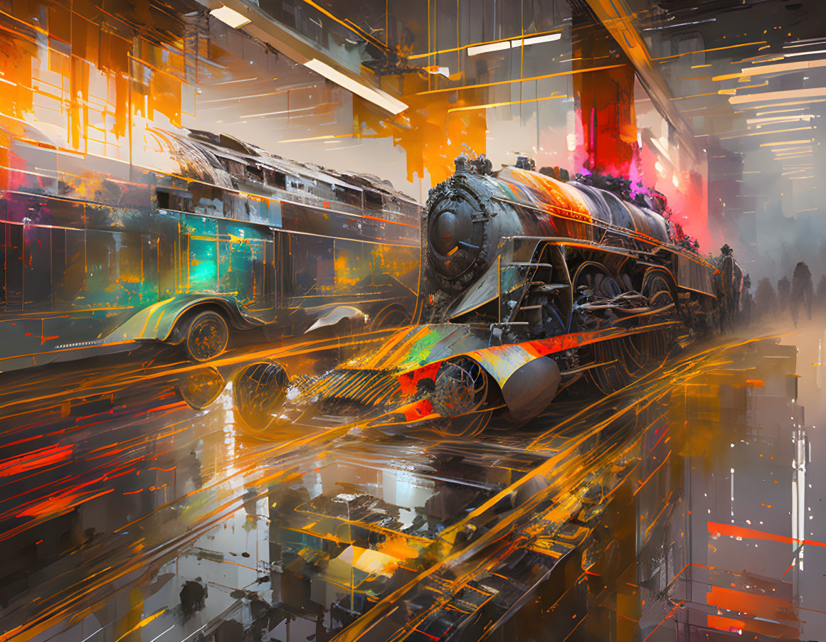 Colorful futuristic train speeds through neon-lit high-speed corridor