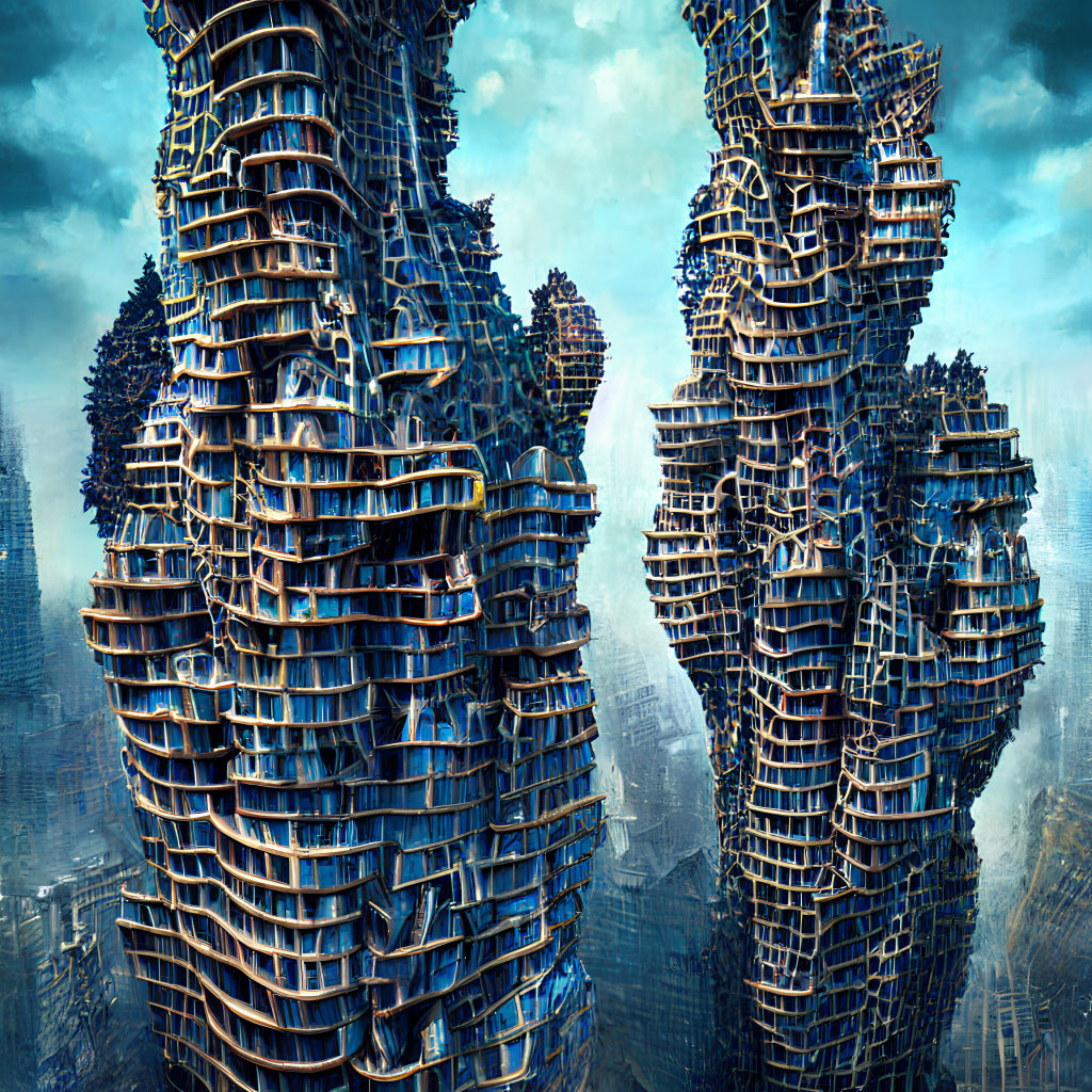 Intricate futuristic skyscrapers in urban landscape under blue sky