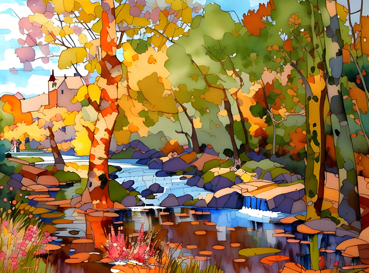 Vibrant autumn landscape painting with colorful trees, river, and rocks