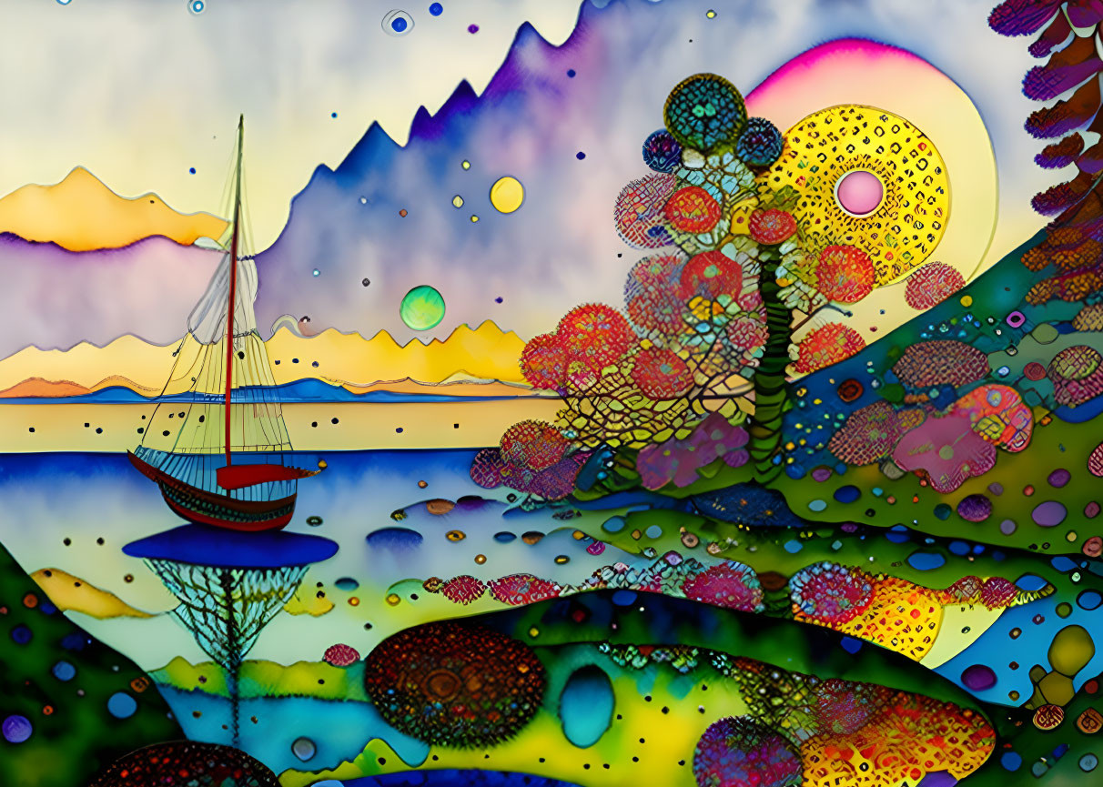 Vibrant landscape with sailing boat, patterned hills, trees, and sky