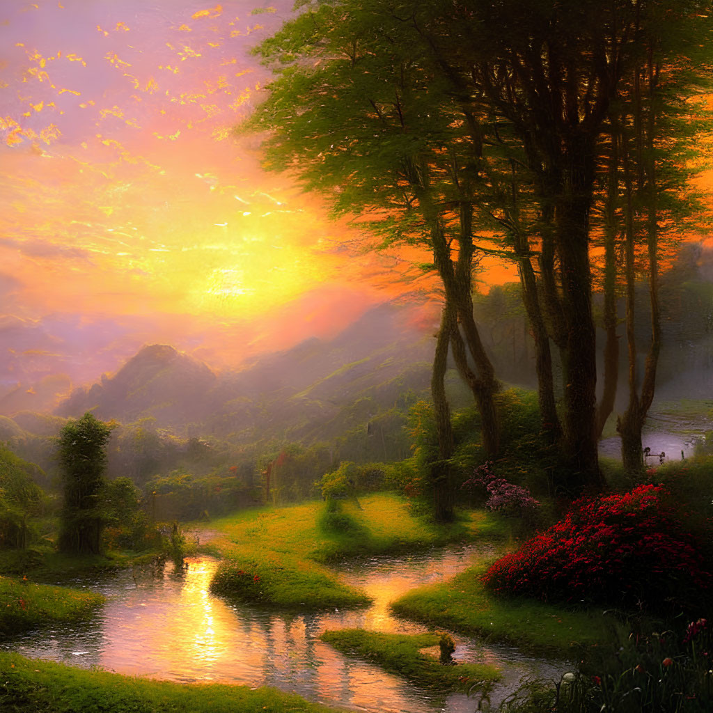 Tranquil sunset scene with golden light through trees by serene river