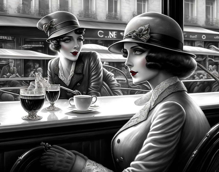 Elegantly dressed women chatting at cafe table with coffee and sundae in vintage monochrome setting