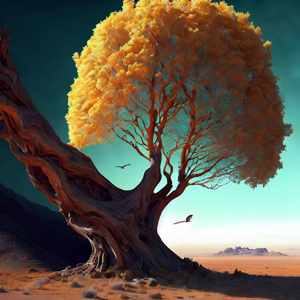 Twisted golden tree in desert landscape with birds