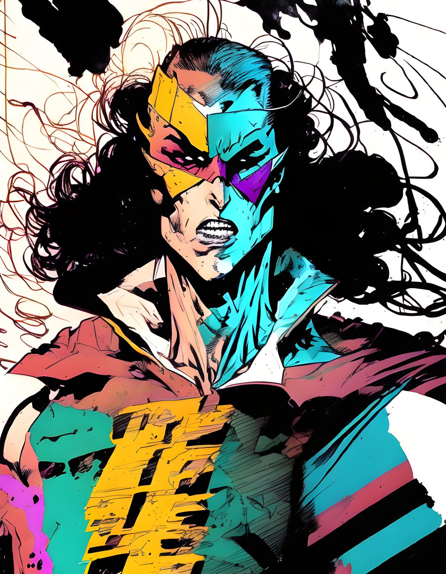 Vibrant comic book superhero illustration with mask, dynamic pose, and ink splatter effects