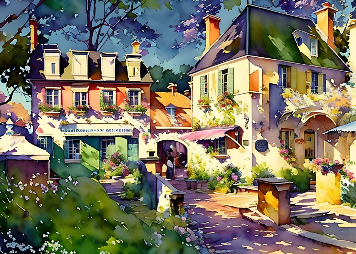 Colorful Painting of Blossoming Village Street