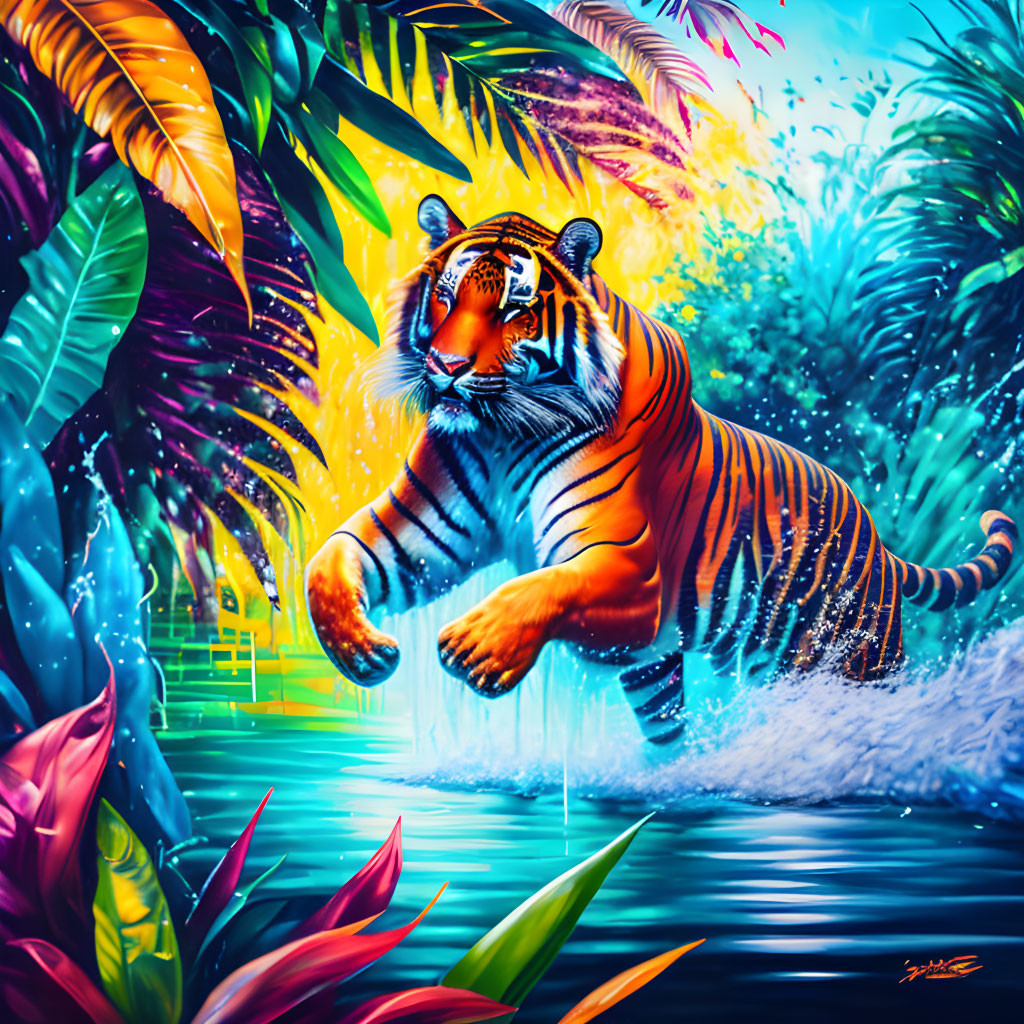 Colorful Tiger Leaping Over Water in Lush Jungle