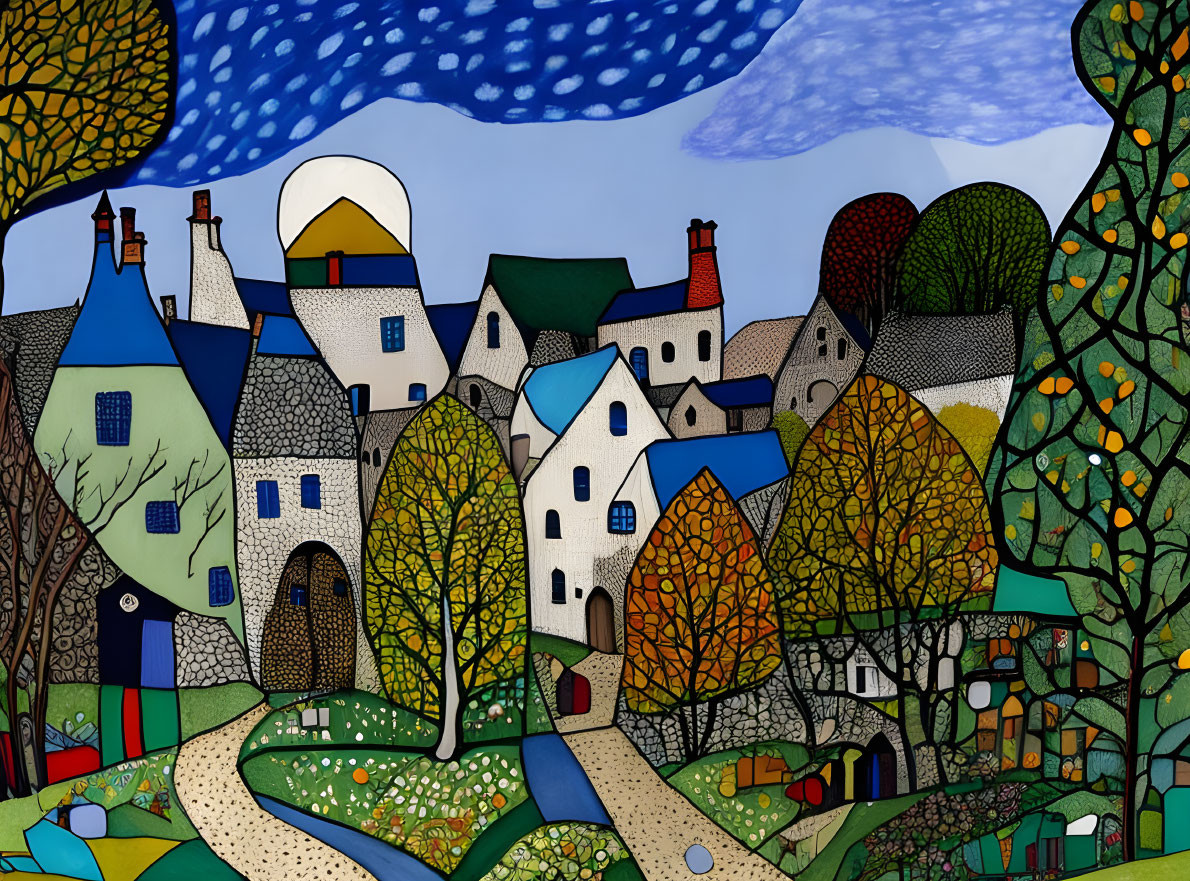 Vibrant painting of a village with unique houses and crescent moon