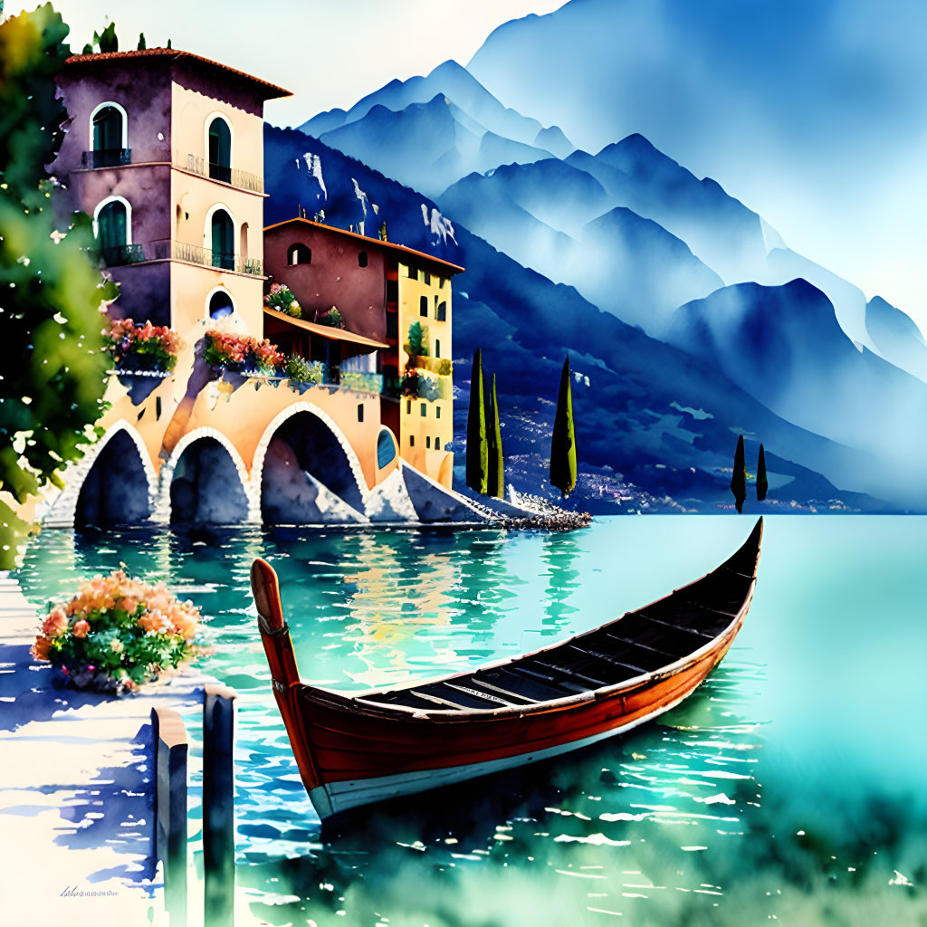 Serene lakeside scene with colorful buildings, gondola, lush greenery