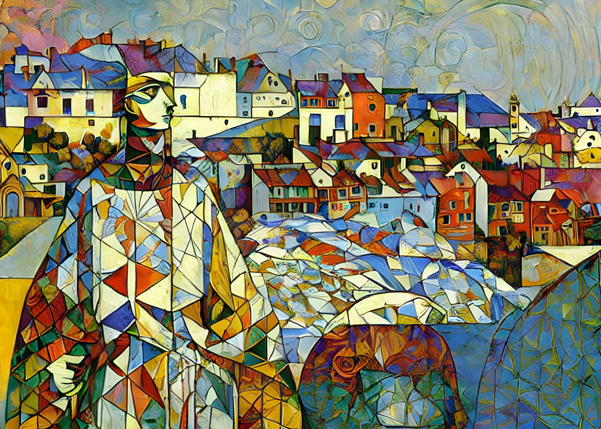 Vibrant Cubist-style painting of woman's profile in townscape