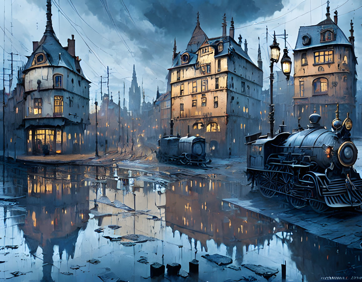 Steampunk-inspired cityscape with locomotive, cobblestone streets, classical buildings, and twilight