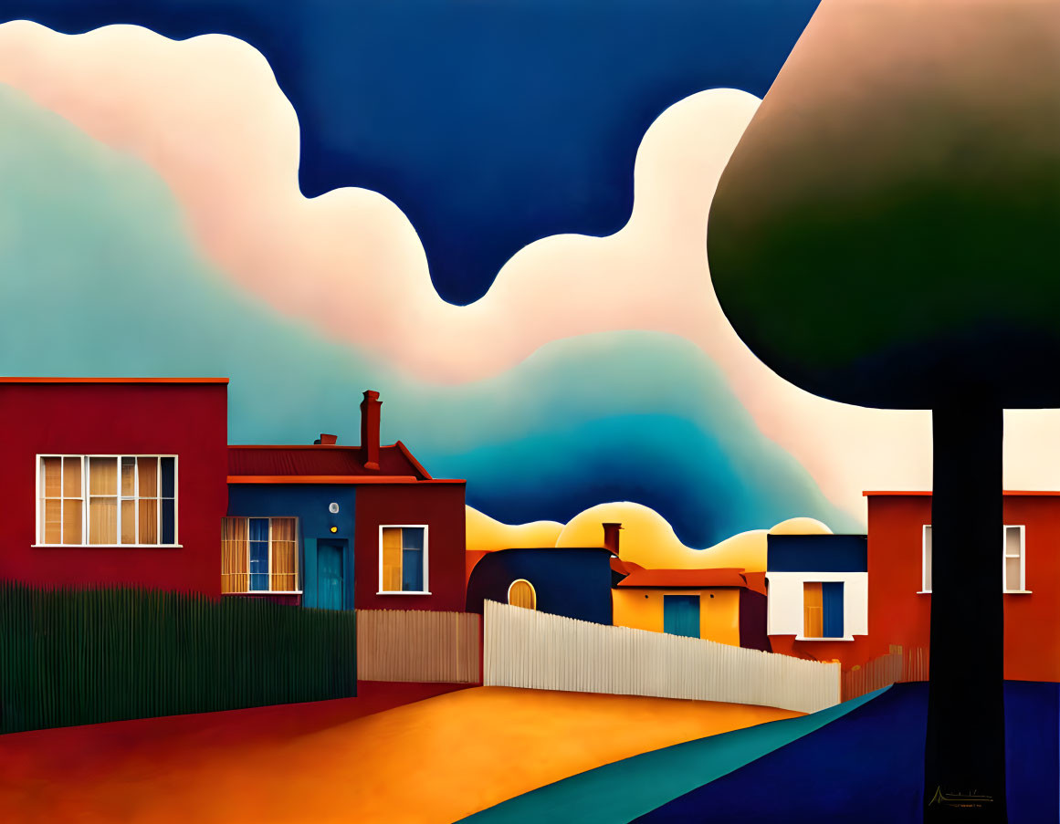 Colorful Suburban Landscape Painting with Geometric Houses and Surreal Clouds