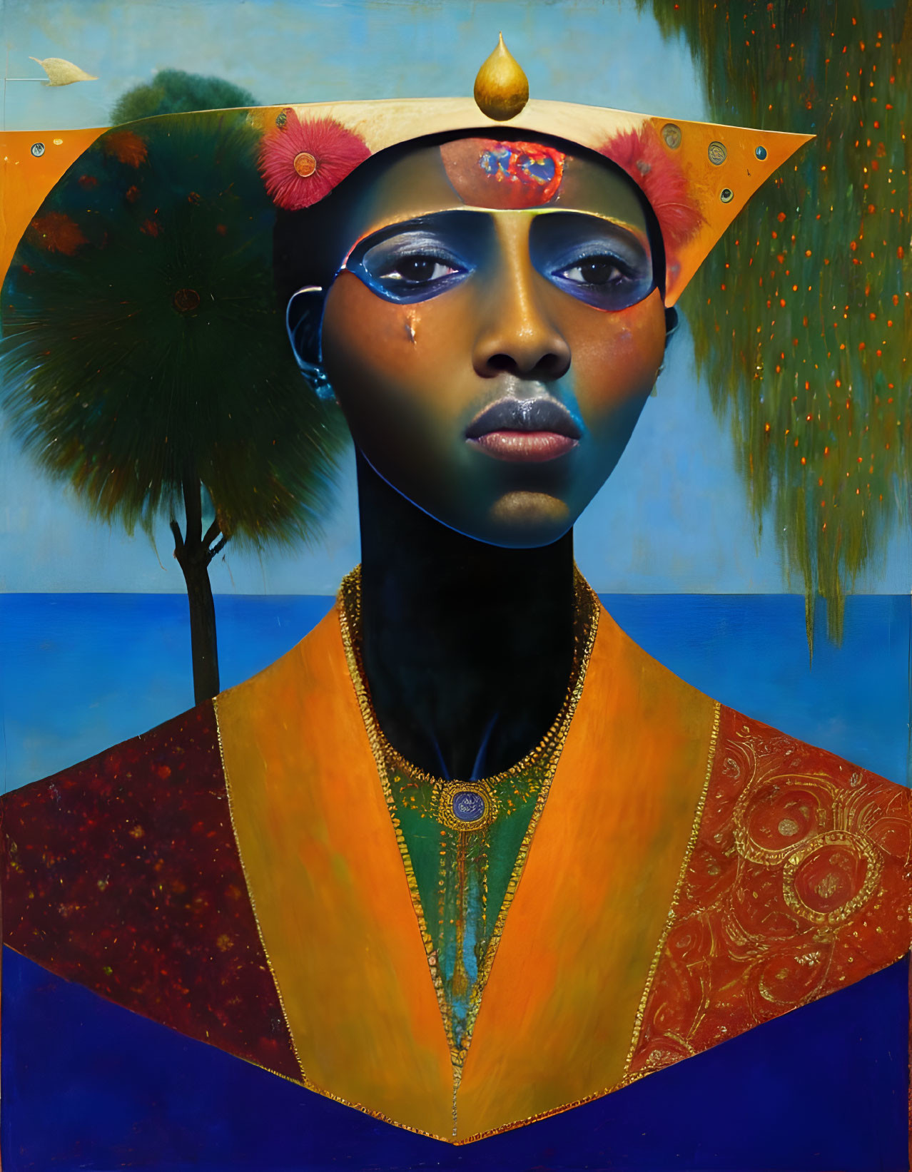 Colorful Woman Portrait with Ornate Headdress by Blue Sea