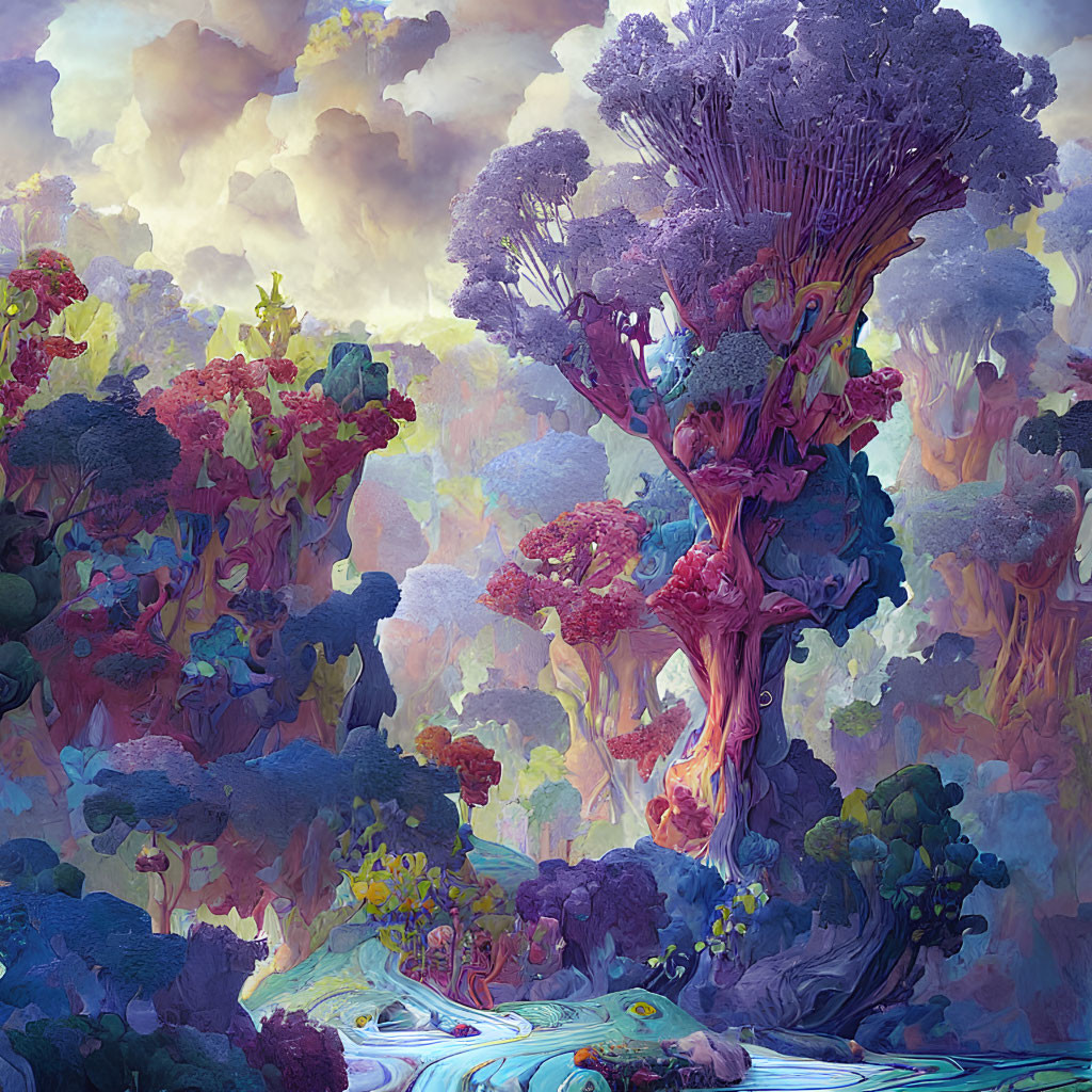 Colorful surreal landscape with intricate tree and winding river