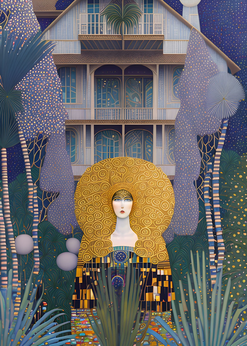 Art Nouveau-inspired woman with golden halo in front of blue house and ornate garden