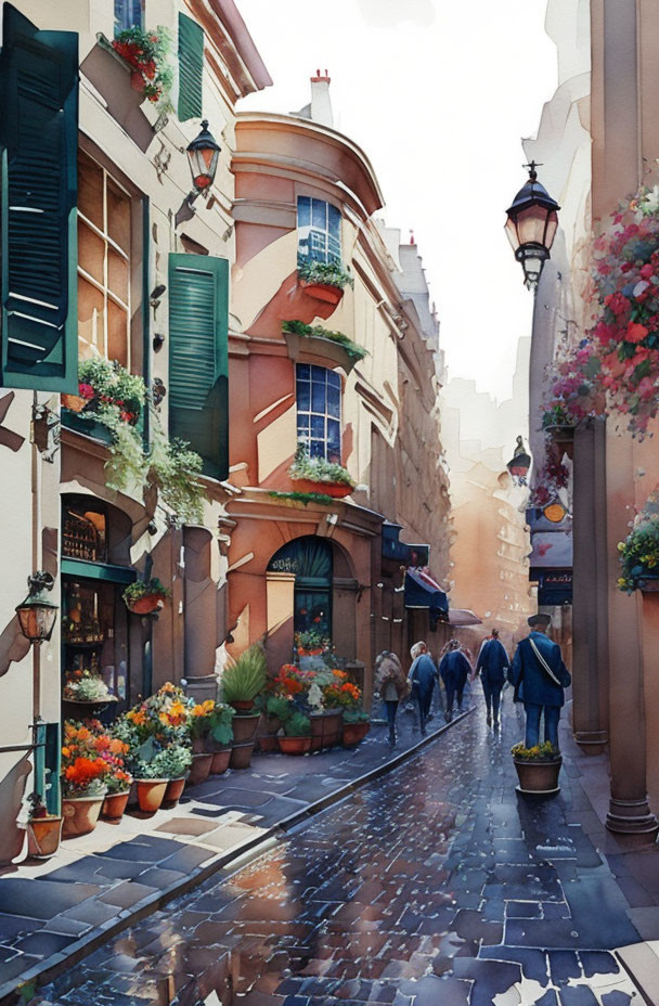 European Street Watercolor with Pedestrians, Flowers, and Shopfronts