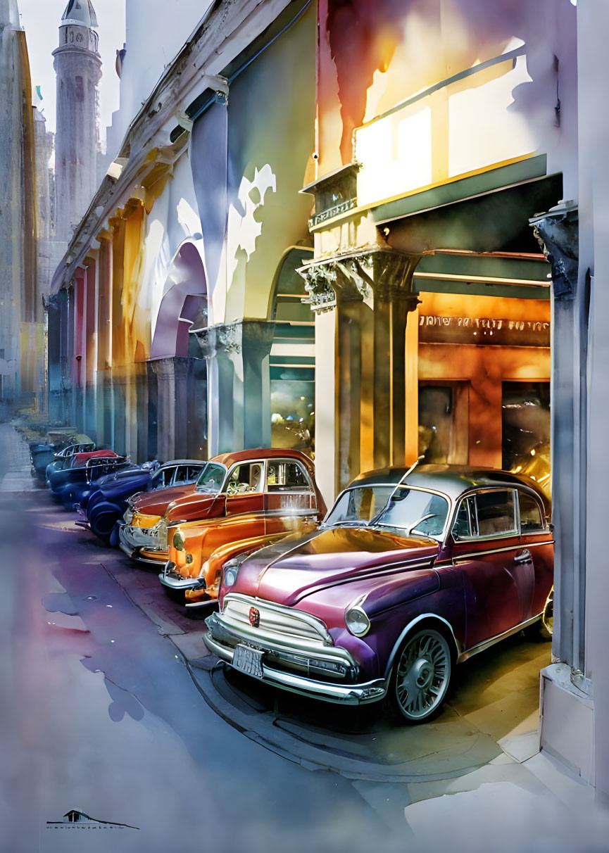 Vibrant Street Scene with Colorful Vintage Cars and Artistic Shadows