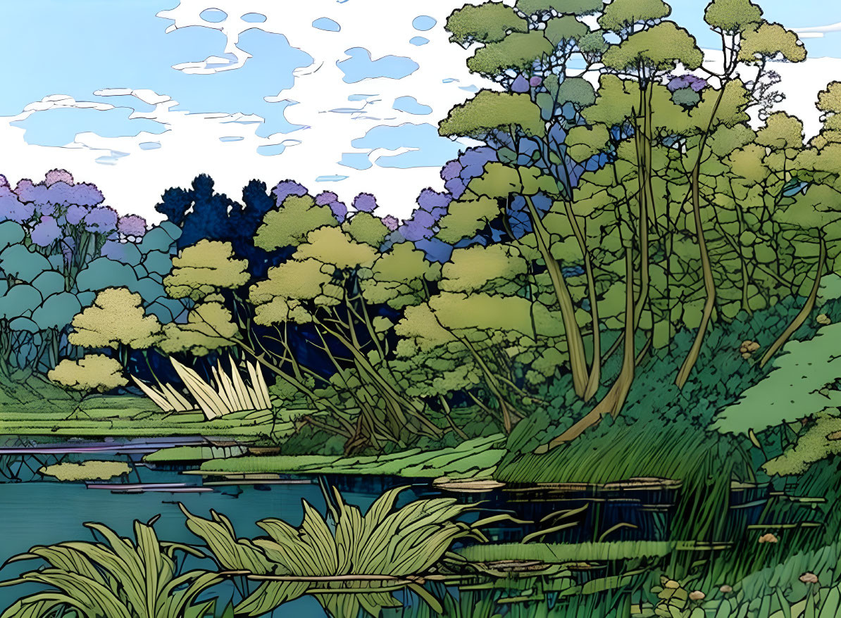 Serene riverside landscape with lush trees and clear sky in comic-style art