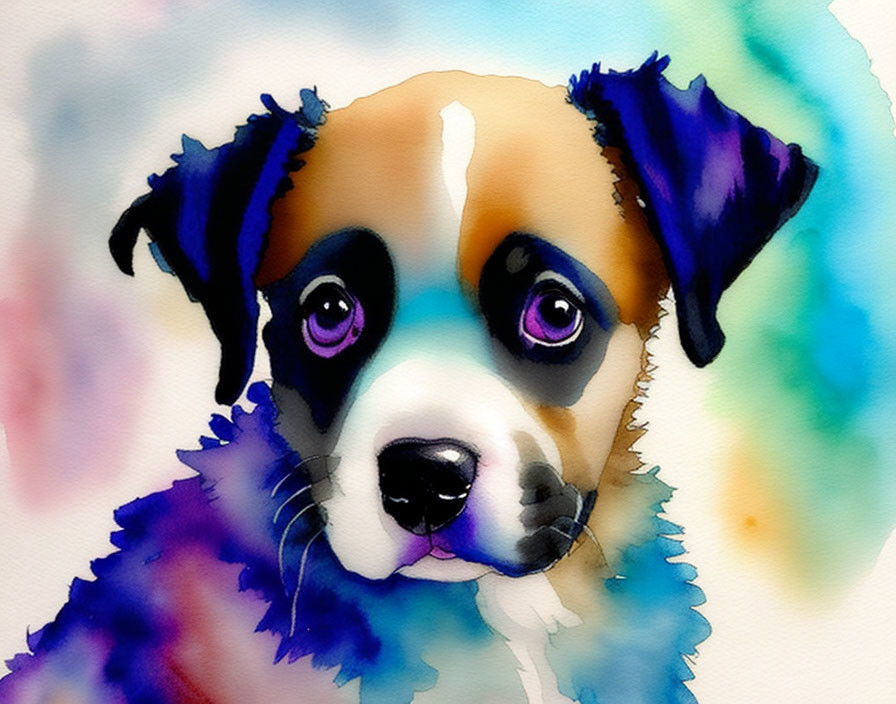 Multicolored puppy watercolor painting in blue and brown hues