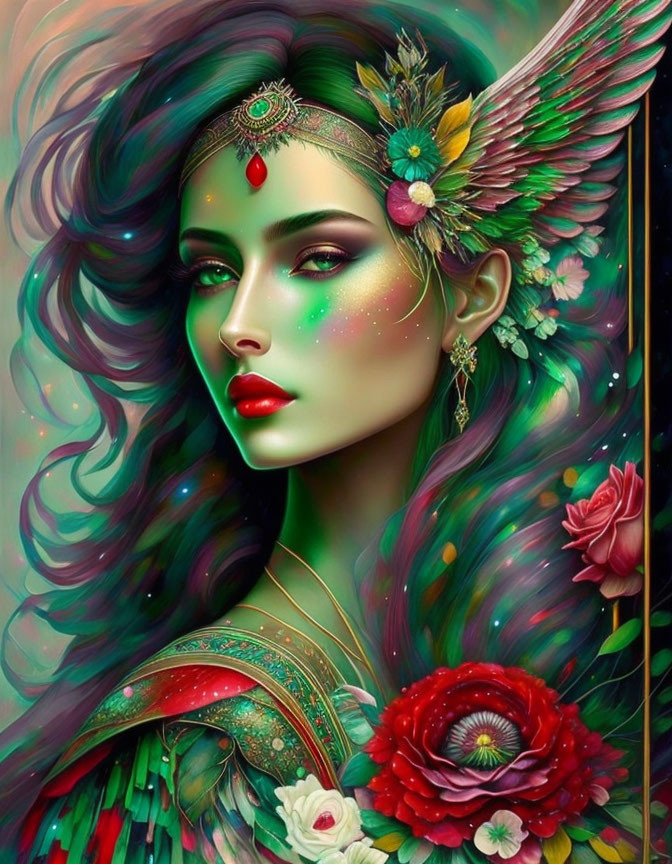 Colorful woman with green skin and floral hair in serene pose