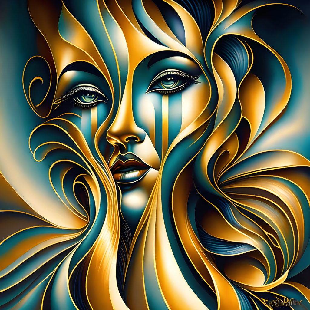 Abstract Woman's Face Art: Flowing Blue & Gold Lines, Tears & Elegance