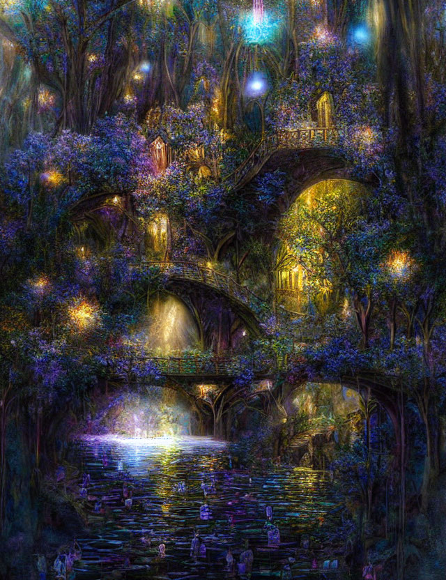 Enchanting forest scene at night: glowing lights, arched bridges, reflective lake, magical dwell