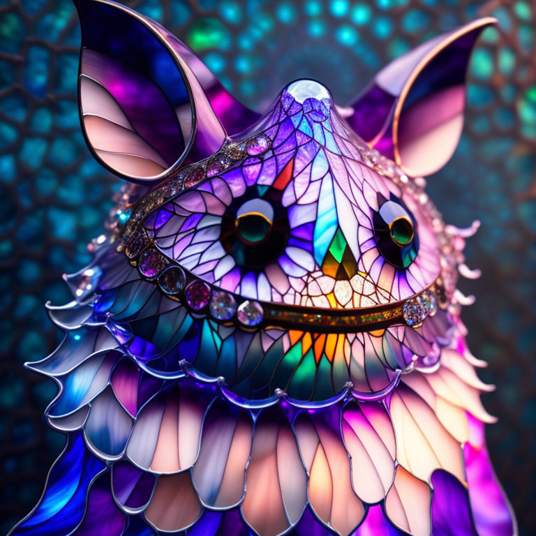 Colorful creature with large eyes and iridescent scales on blue background