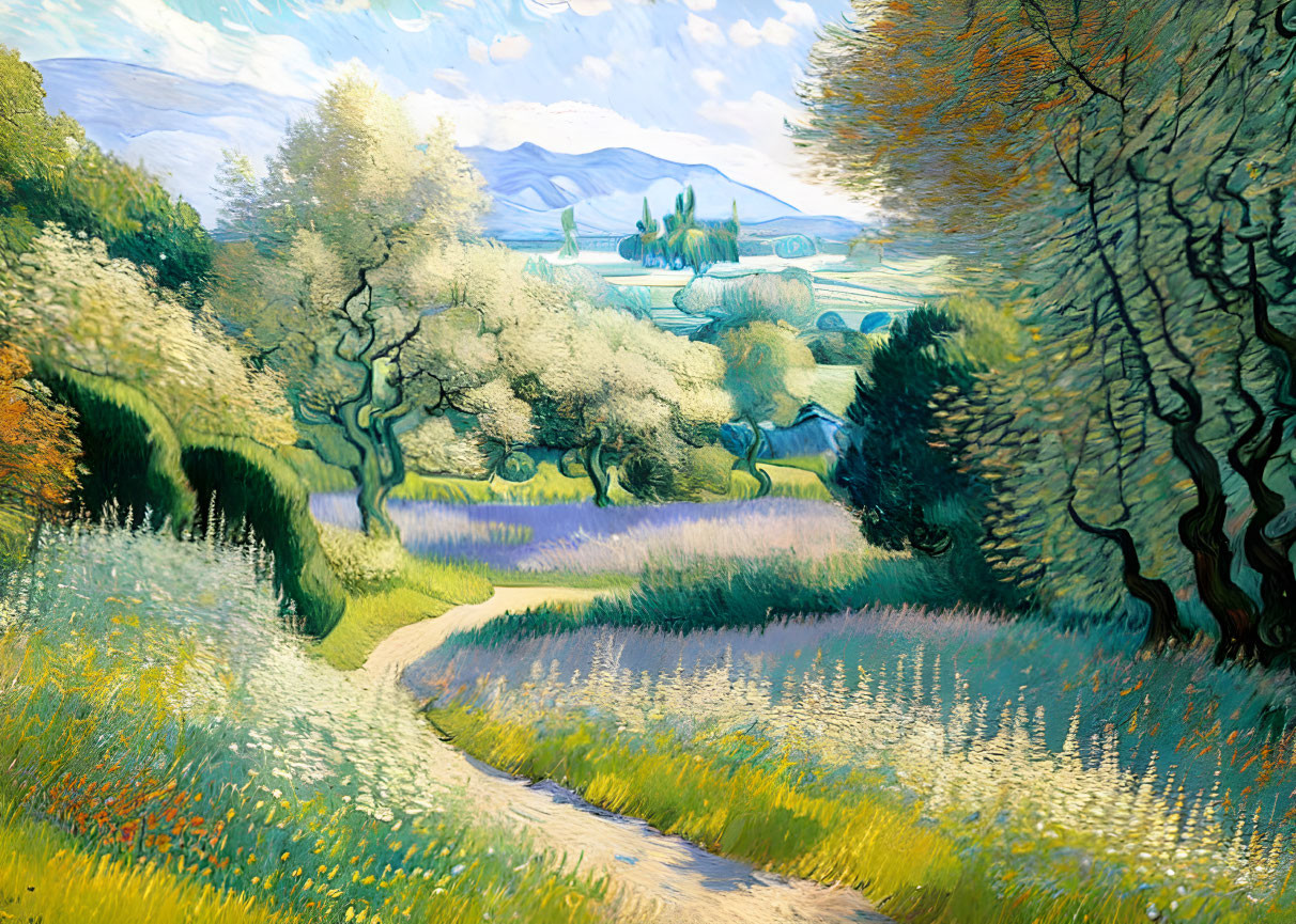 Colorful landscape painting with winding path, blossoming trees, blue sky, and distant mountains.