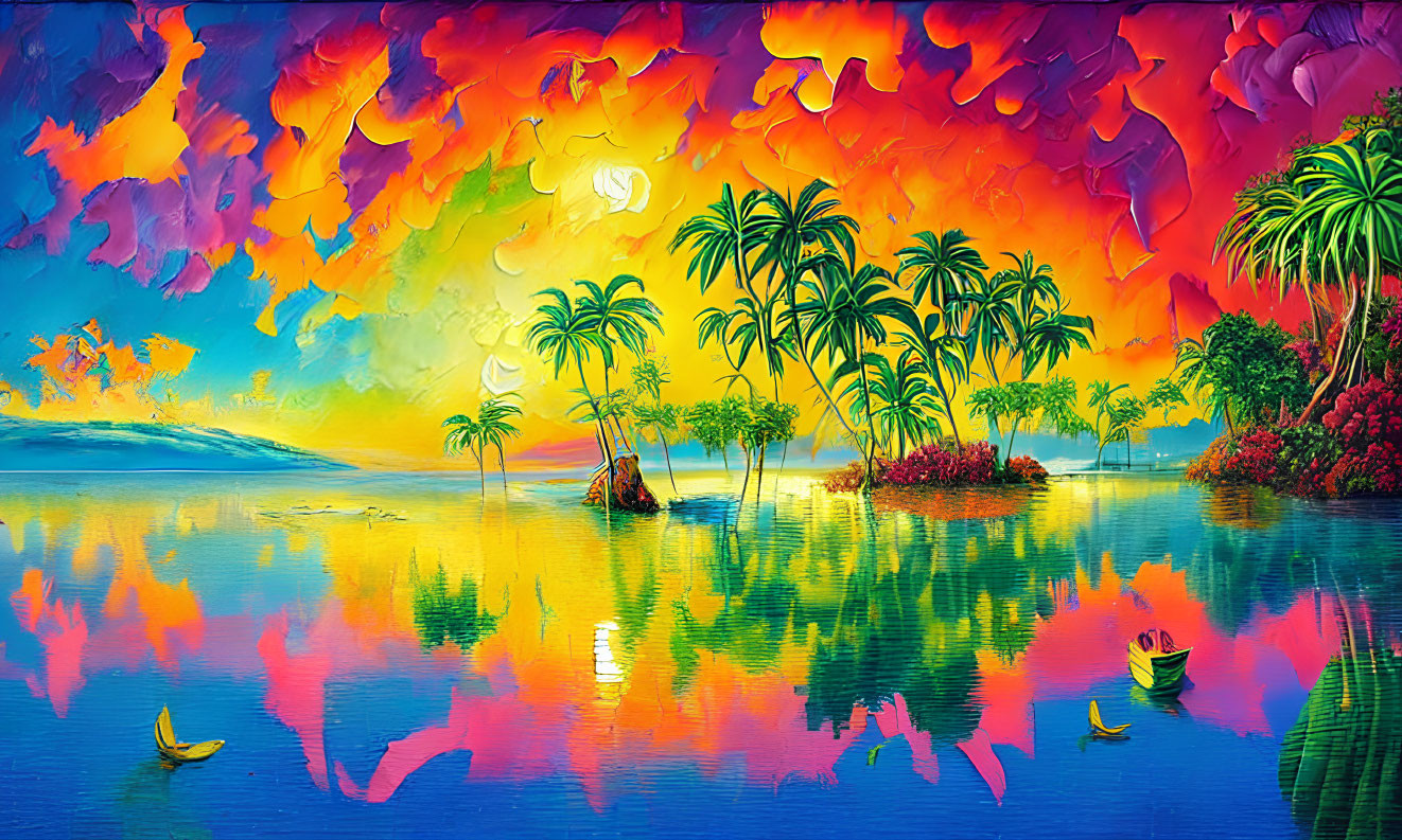 Tropical landscape painting with palm trees, fiery sky, and boats