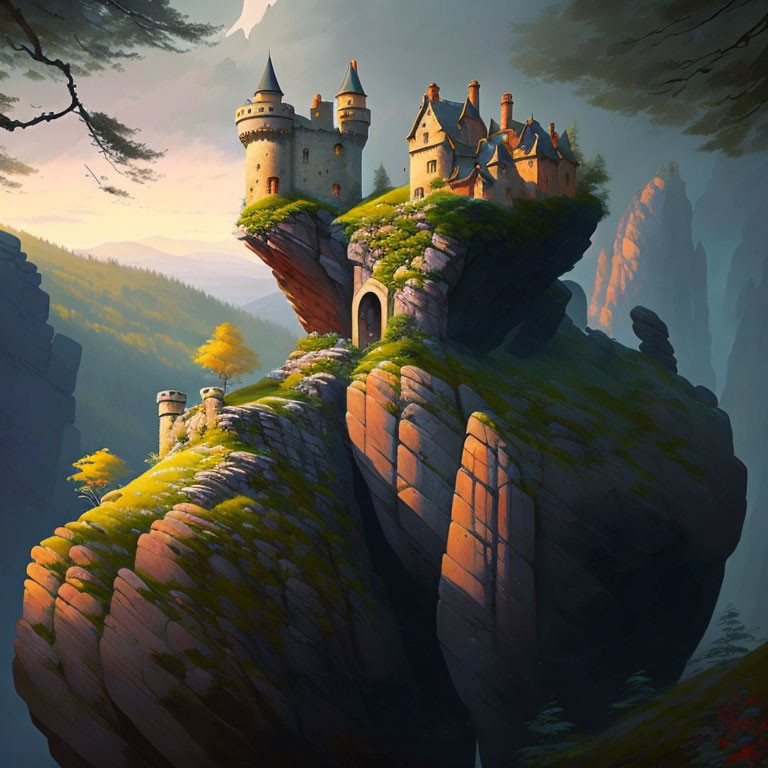 Castle on Cliff Overlooking Forests at Sunset