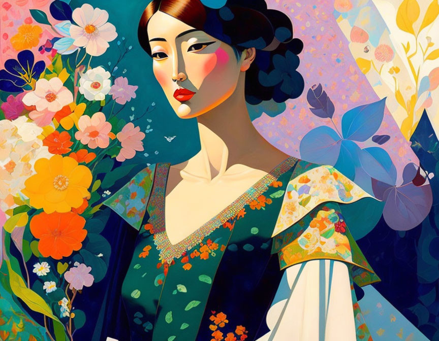 Illustrated Woman with Serene Expression and Vibrant Flowers