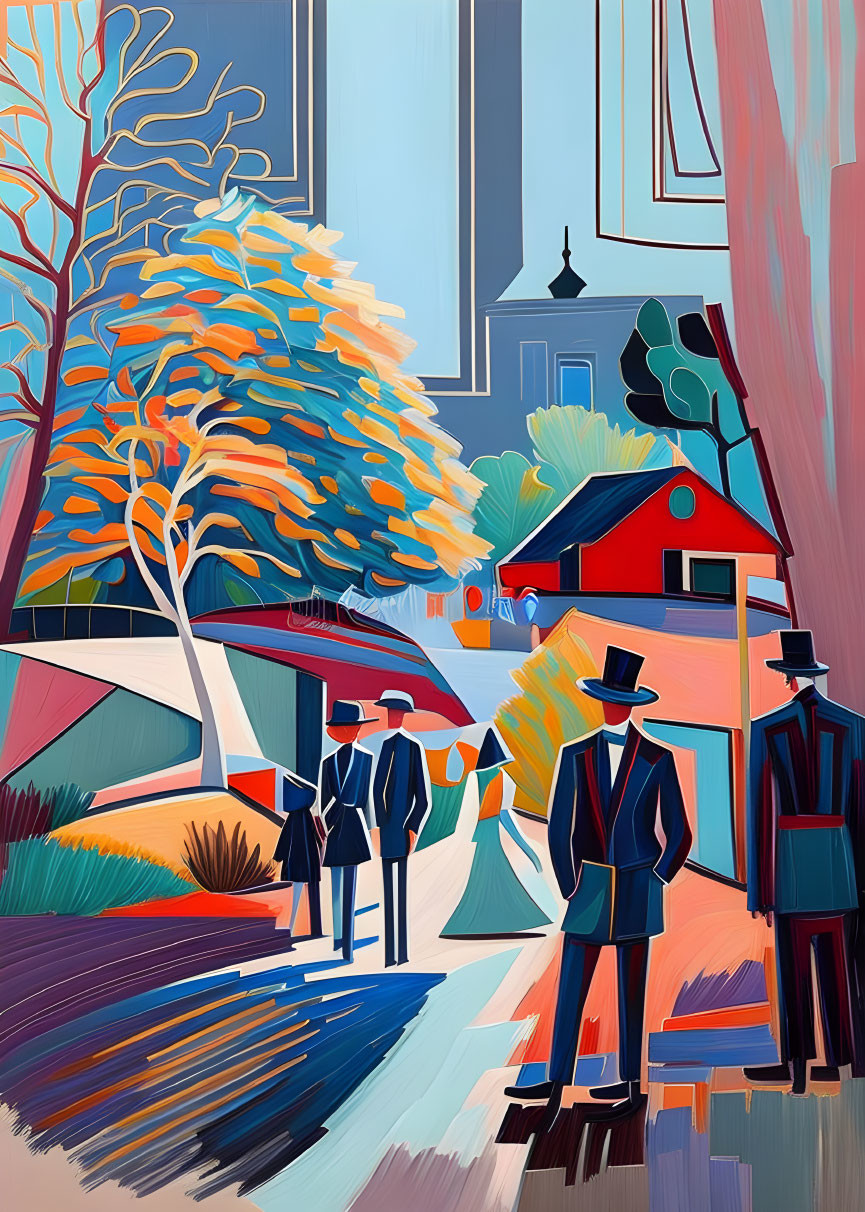 Vibrant geometric street scene with four suited individuals