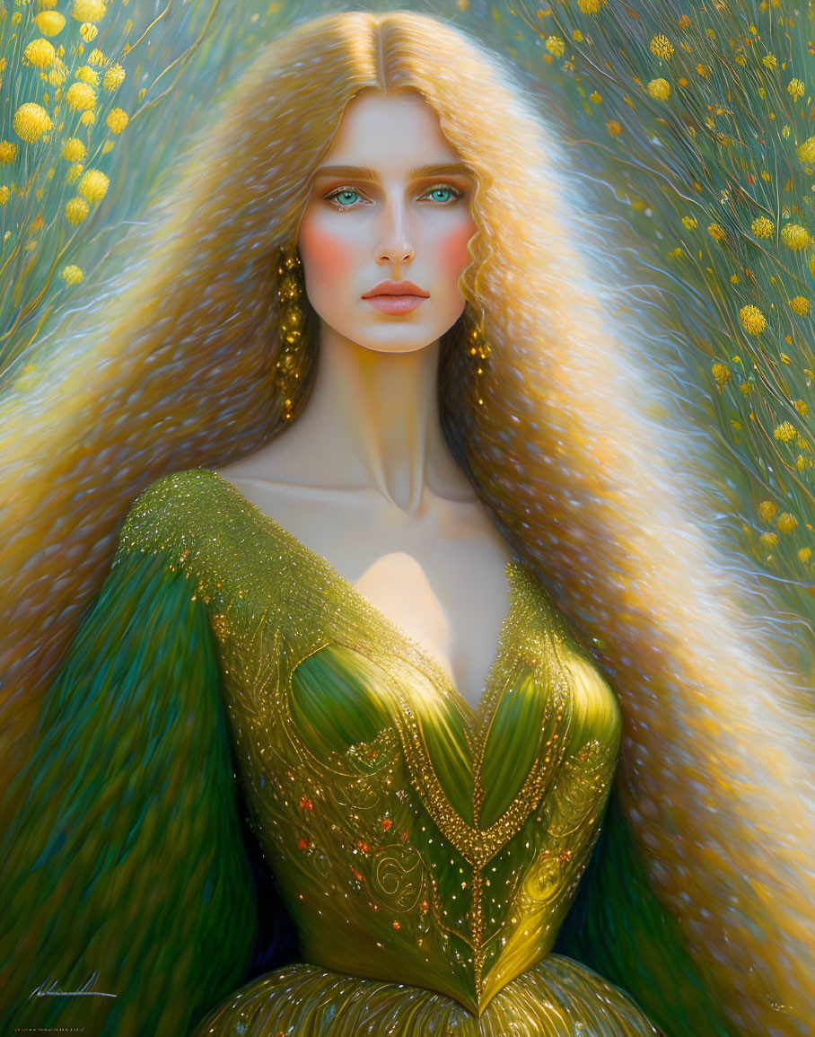 Blonde woman in green dress with gold details in digital painting