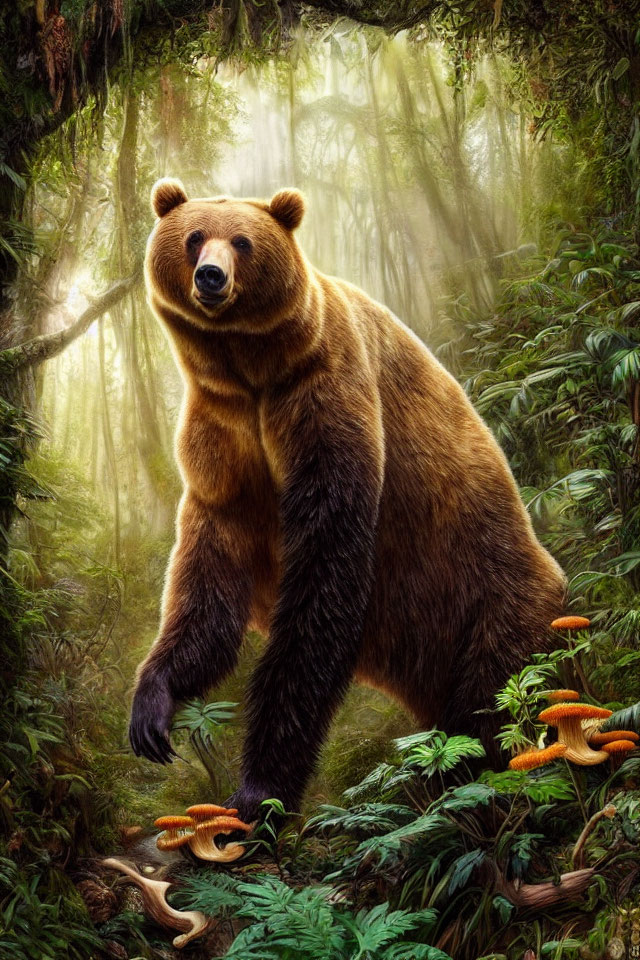 Brown Bear Standing in Misty Forest with Mushrooms and Greenery