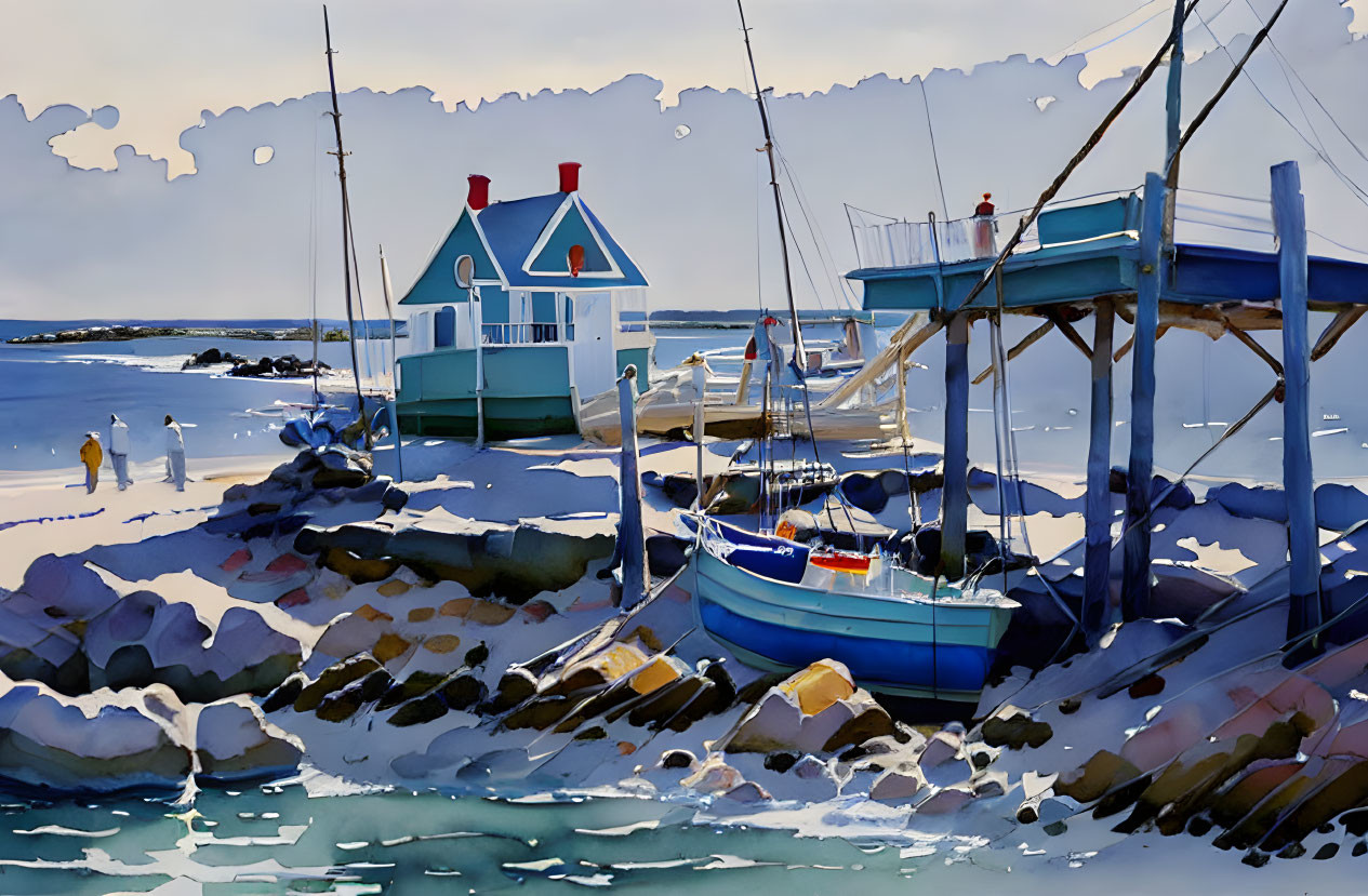 Tranquil seaside scene with docked boats and coastal houses