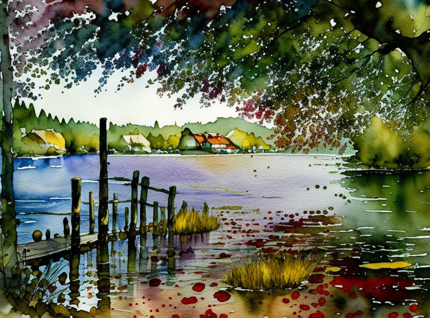 Serene lakeside watercolor with wooden dock, colorful houses, greenery, speckled sky