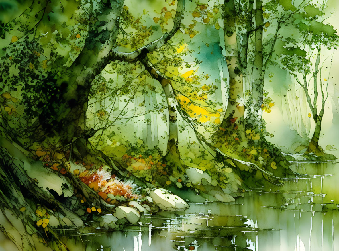 Serene forest watercolor painting with lush trees