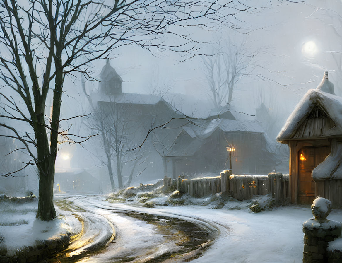 Snowy village at dusk: illuminated houses, winding road, snowman, bare trees under moonlit