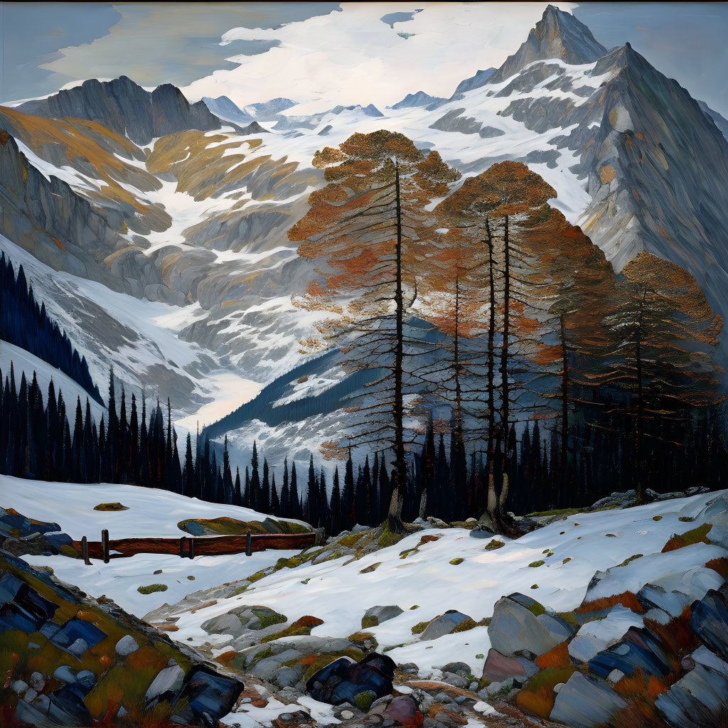 Snow-covered mountains, pine trees, blue sky: Alpine landscape painting