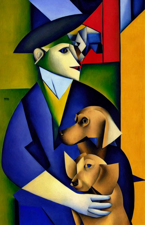 Colorful Cubist Painting: Cloaked Figure with Hat and Two Dogs