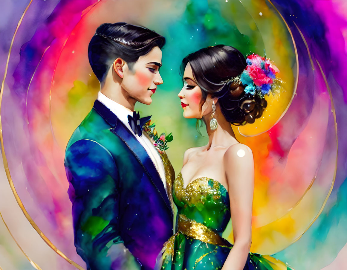 Colorful Abstract Art: Couple in Formal Attire with Whimsical Background