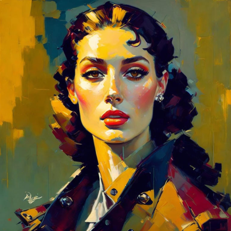 Vintage-style portrait of a woman against yellow background in vibrant painting style