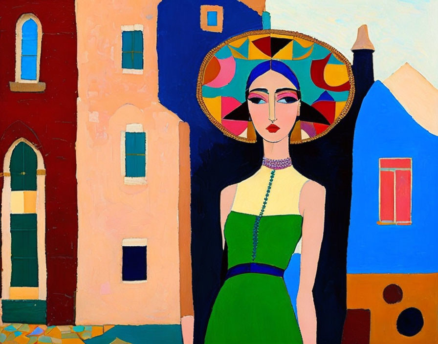 Colorful painting of woman with ornate headpiece by vibrant houses