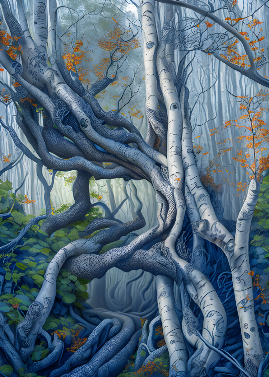 Blue and white trees in mystical forest with orange foliage